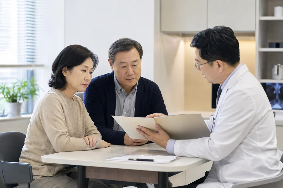 의료진과 치료 계획을 살펴보는 부부의 진료 상담 장면