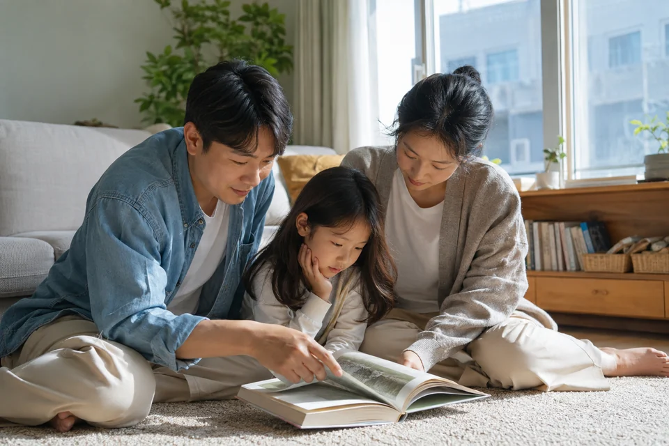 집에서 함께 책을 읽으며 시간을 보내는 부모와 자녀