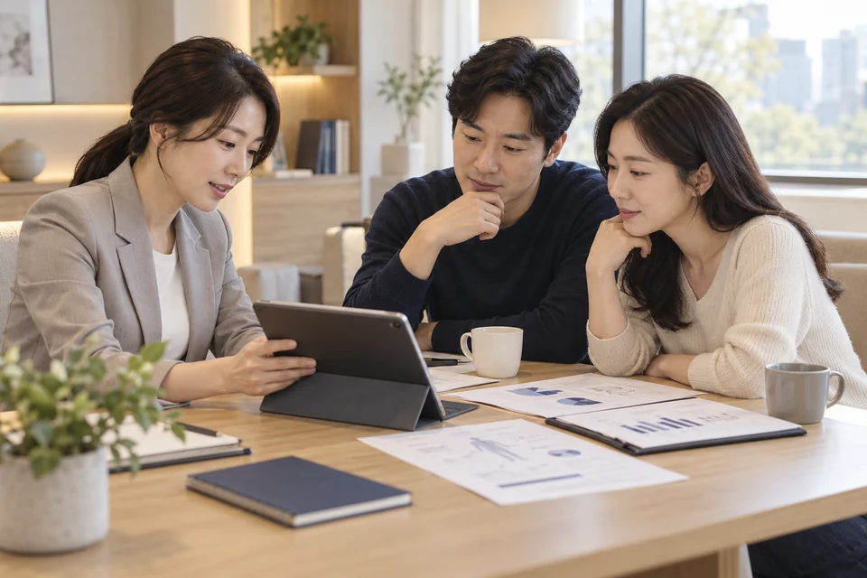 상담 테이블에서 의료 데이터와 태블릿을 함께 살펴보는 상담 장면