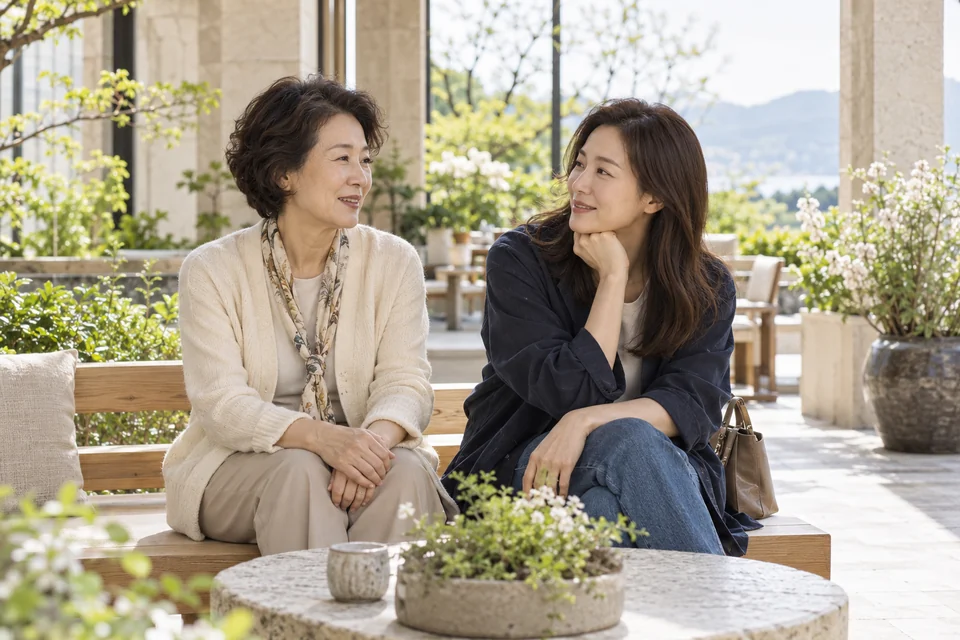 산책 중 테라스에서 편안하게 대화하는 부모와 성인 자녀