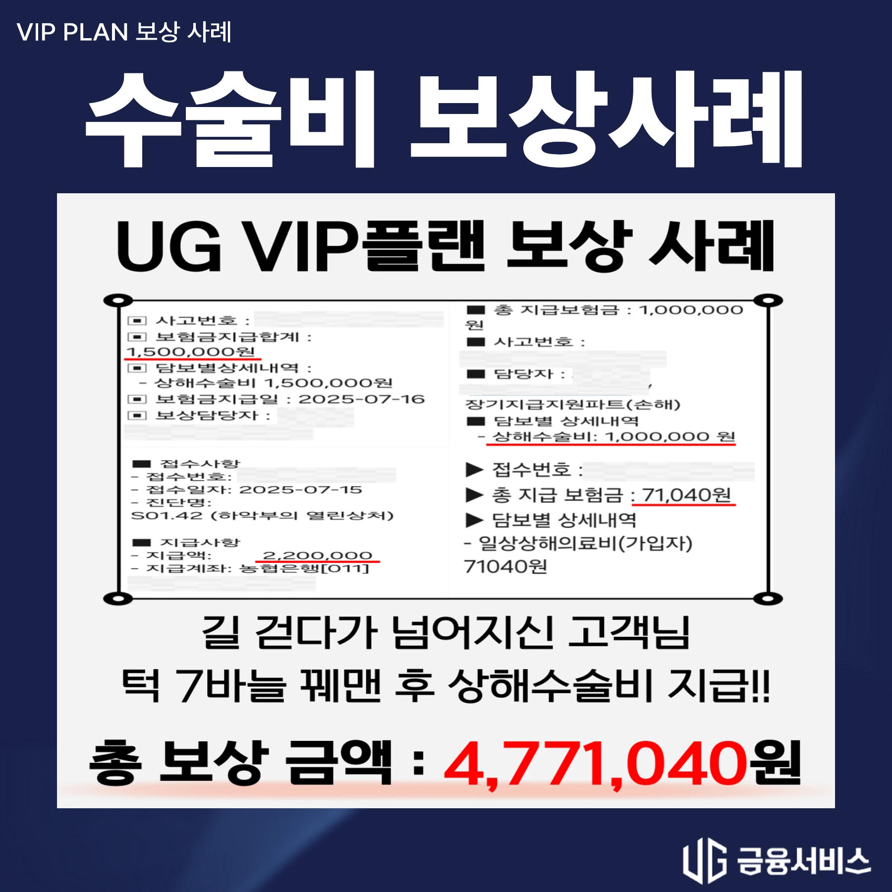 낙상 후 턱 봉합 수술 보상사례 지급 자료