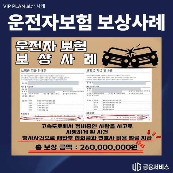 교통사고처리지원금과 변호사선임비용의 두 지급 내역이 담긴 사례 자료